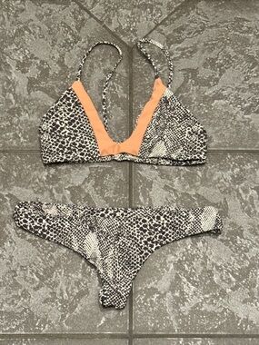 Acacia Swimwear Bikini Set Animal Print Orange Trim Top M Bottom S